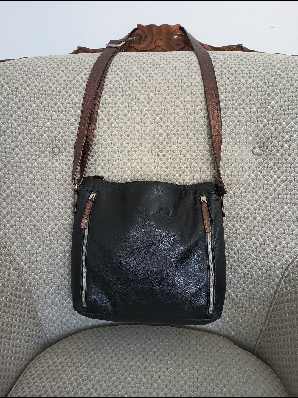 Derek Alexander Black Leather Bag with Brown Strap
